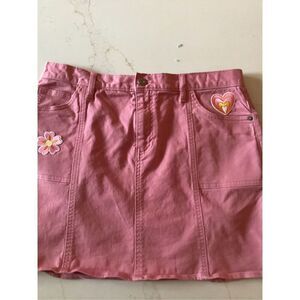 Gap Jeans Pink Denim Skirt Boho Custom Flower Heart Sz 12 Stretch